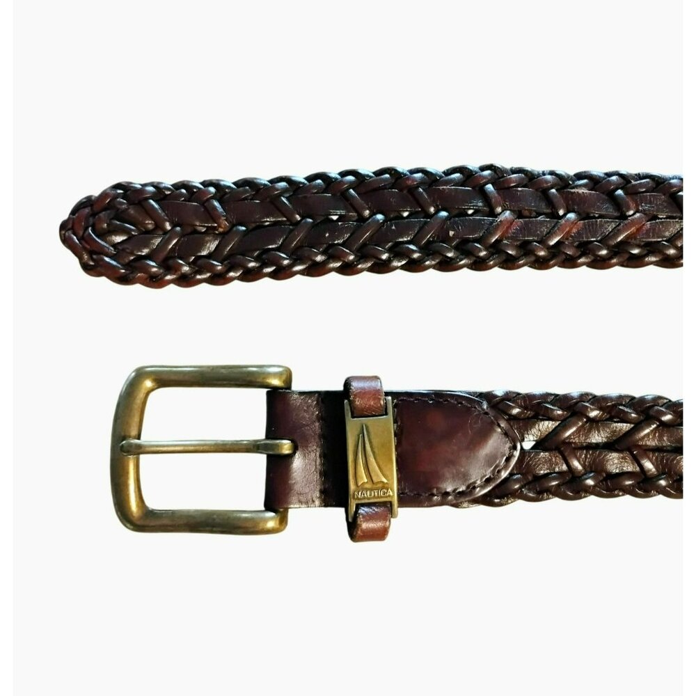 Men's NAUTICA Brown Braided Belt w Brass Roller Buckle size 32 Genuine Leather